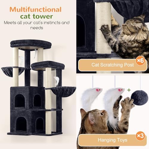 Globlazer Cat Tree Tower for Indoor Cats, Sturdy Adult Cat Tree House for Large Adult Cats with 2 Platform, 6 Cat Scratching Post, 2 Cat Caves, Dangling Toys, S63, 63 inch, Dark Grey - Image 5