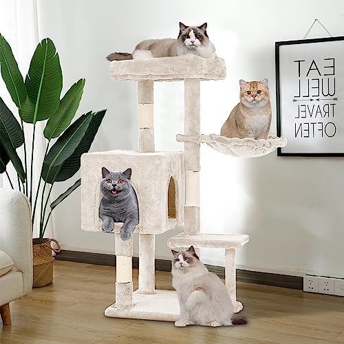 FDW 37.8 inch Cat Tree Cat Tower for Indoor Cats with Scratching Posts,Multi-Level Cat Furniture Activity Center Stand House Cat Condo Modern Cat Tower with Hanging Cradle & Funny Toy,Beige - Image 7