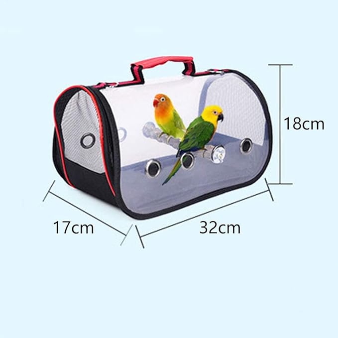 qiuqiu Bird Carrier Bag, Multifunctional, for Pets, Parrots, Cage, Light, Portable, with Shoulder Strap, Breathable, Double Zipper, Outdoor, Camping, Transparent-Black