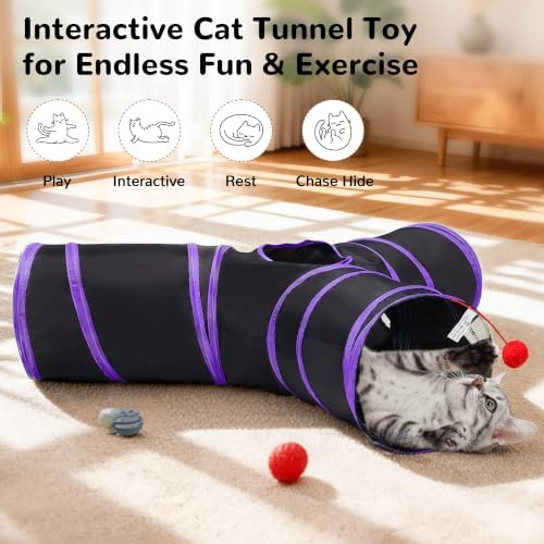 Tempcore Cat Tunnel, 3-Way Collapsible Toy, Large Size Black & Purple - Image 4