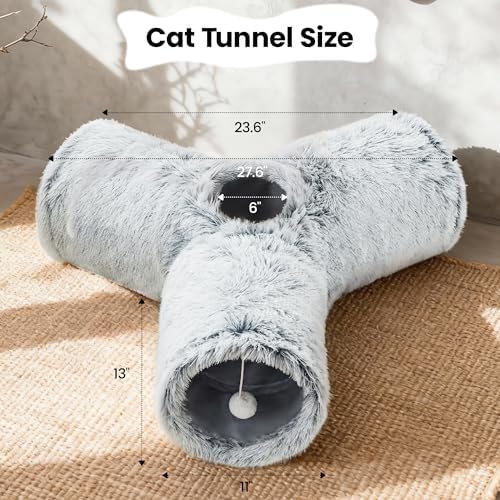 Tempcore Plush Cat Tunnel, 3-Way Collapsible Toy for Indoor Cats, Grey - Image 2