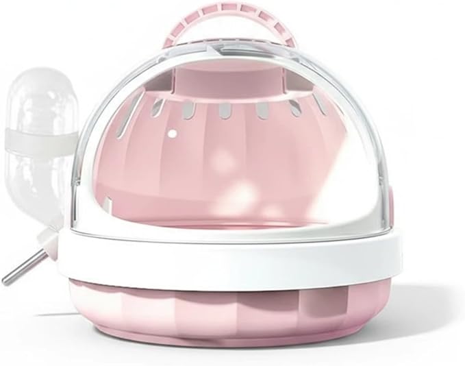 Portable Small pet Carrier with Water Bottle – Hamster Travel cage with Transparent Dome Design, Suitable for Hamsters, Sugar Gliders, and Guinea Pigs. (White Peach Pink)