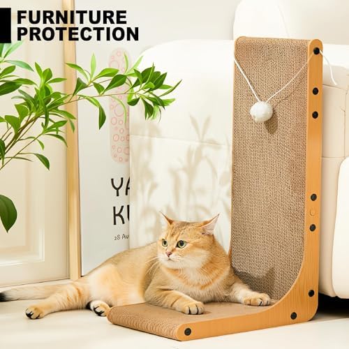 Cardboard Cat Scratcher, 23.6 Inch Cardboard Cat Scratching Post with Fuzzy Ball, Reversible Scratching Pad for Indoor Cats - Image 5