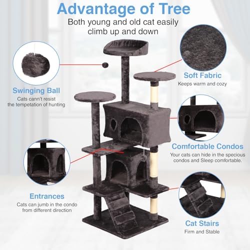 FDW | 54" Cat Tree Tower | Purple Gray | Multi-Level Indoor Activity Center with Sisal Scratching Posts, Condos, Plush Perches, Hanging Cat Toys | Sturdy, Easy to Assemble | for Kittens & Adult Cats - Image 3