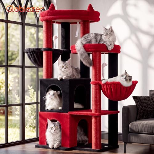Globlazer Cat Tree Tower for Indoor Cats, Sturdy Adult Cat Tree House for Large Adult Cats with 2 Platform, 6 Cat Scratching Post, 2 Cat Caves, Dangling Toys, S63, 63 inch, Red Black - Image 7