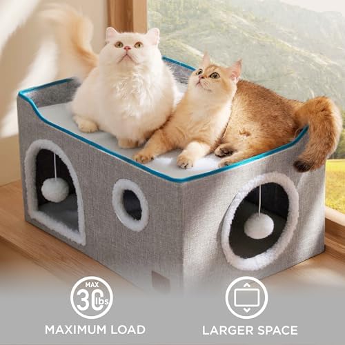 Bedsure Extra Wide Cat House Bed with Fluffy Ball and Scratch Pad,Grey - Image 4