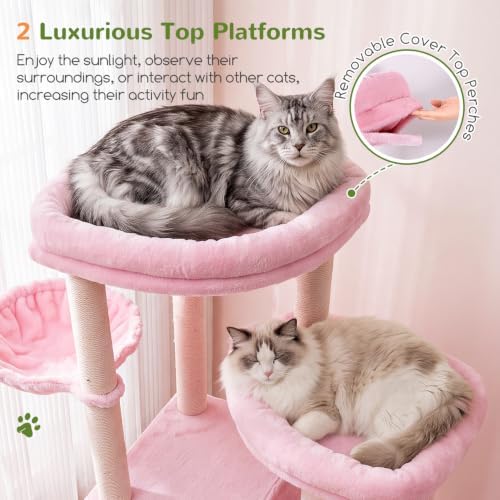 Globlazer Cat Tree Tower for Indoor Cats, Sturdy Adult Cat Tree House for Large Adult Cats with 2 Platform, 6 Cat Scratching Post, 2 Cat Caves, Dangling Toys, S63, 63 inch, Pink - Image 2