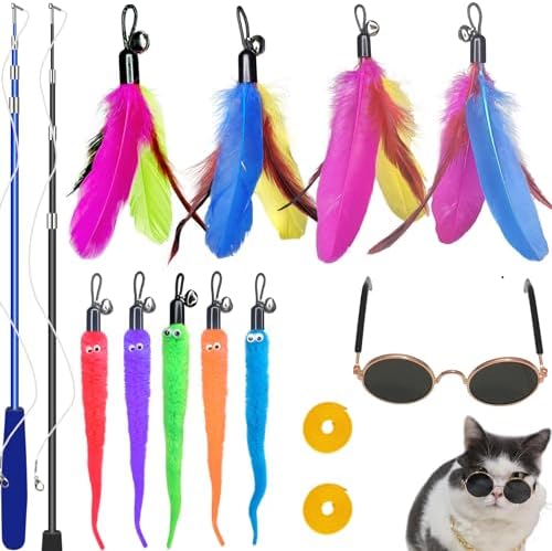 ZPH Cat Toys Interactive for Indoor Cats,2PCS Retractable Cat Wand,9PCS Teaser Toys&1PCS Eyeglasses Toy,Interactive Feather Toy for Teaser Play and Chase Exercise with Kitten by PetsToys