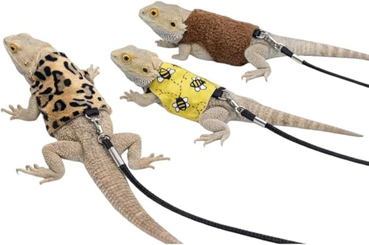 Reptile Harness and Leash Set, 3 Pack Adjustable Lizard Chest Harnesses with Leashes for Bearded Dragons and Small Reptiles