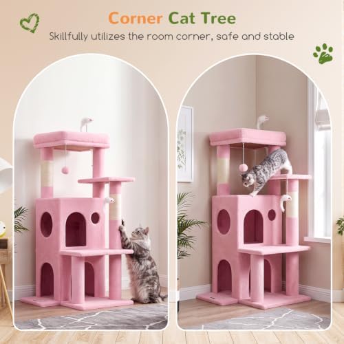 Globlazer Cat Tree Tower for Indoor Cats, 50-inch Adult Cat Tree House for Large Adult Cats with Steps, Scratching Post, 2 Cat Caves, Dangling Toys, FC50, Pink - Image 2