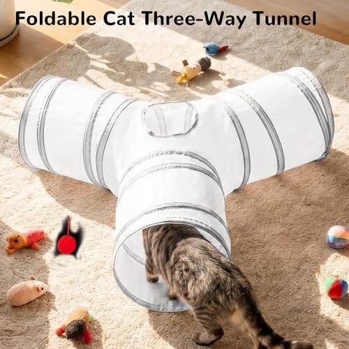 Tempcore Cat Tunnel, 3-Way Collapsible Toy for Indoor Cats, White & Grey - Image 6