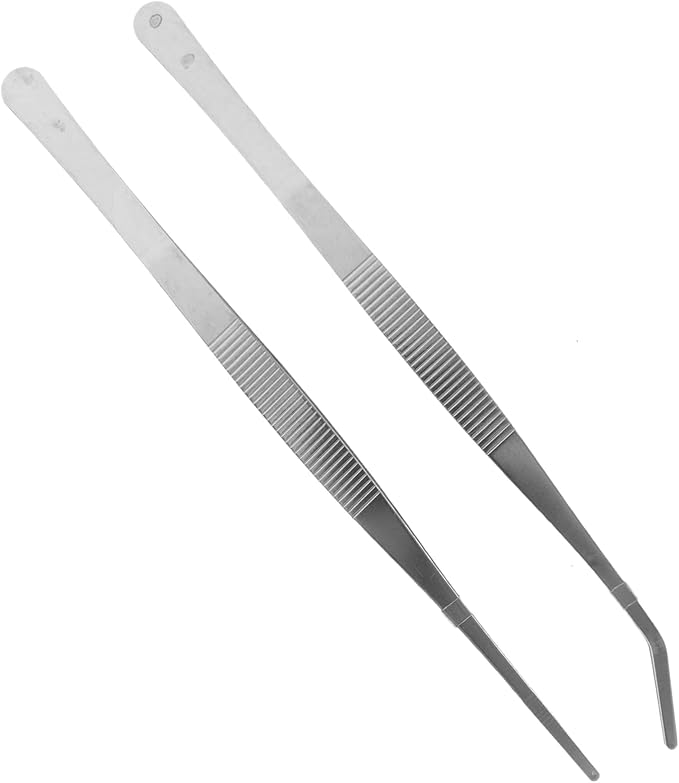 GALPADA 2pcs Stainless Steel Tweezers Curved and Straight Feeding Tongs for Reptile Care for Snakes Lizards and Aquatic Plants Durable Silver Design