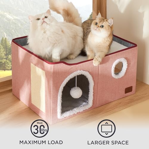 Bedsure Extra Wide Cat House Bed with Fluffy Ball and Scratch Pad,Pink - Image 4
