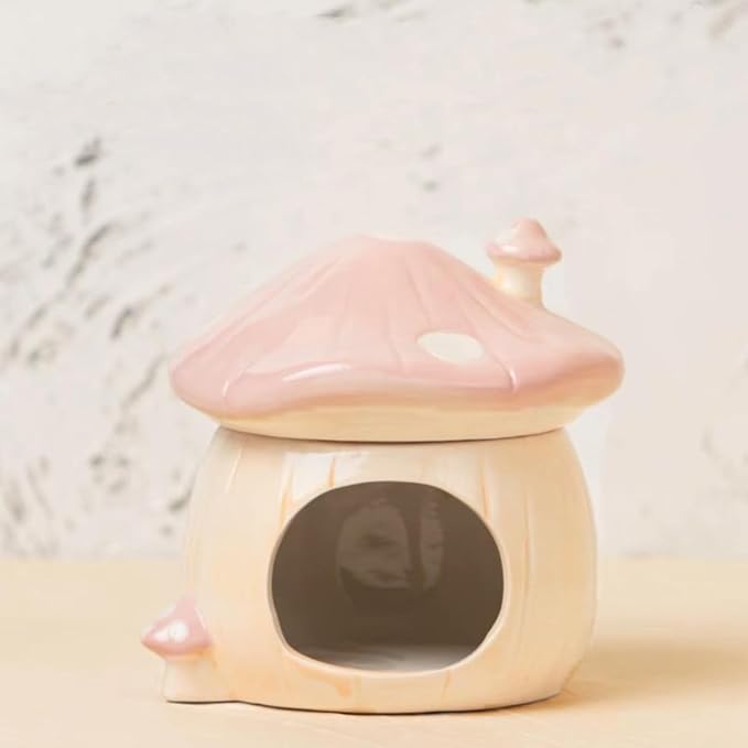 Ceramic Mushroom Hamster Hideout with Detachable Lid (Pink) - Cute Hamster House, Habitat Decor for Dwarf Rabbits, Guinea Pigs, Chinchillas, and Small Pets