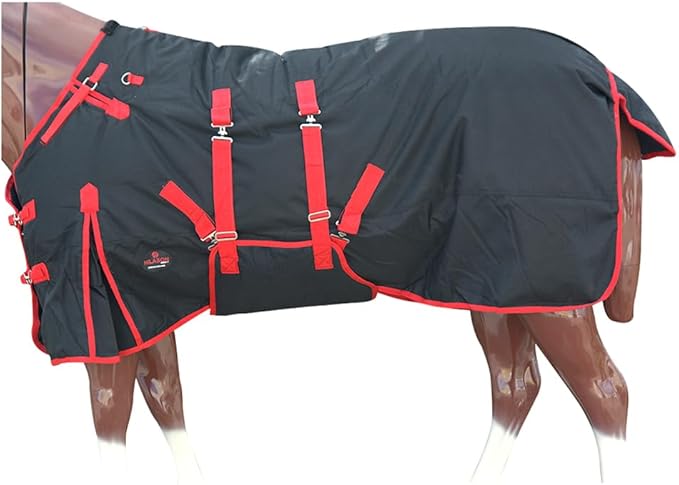 Black with Red Trims 81 Inch HILASON 1200D Winter Waterproof Poly Horse Turnout Blanket Belly Wrap