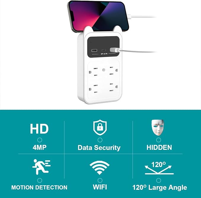 Hidden Camera Wall Outlet Camera, 2K HD Wireless Nanny Cam with 120° Wide Angle Loop Recording Motion Detection Easy Setup for Home, Pets & Office Indoor Security-White (White)