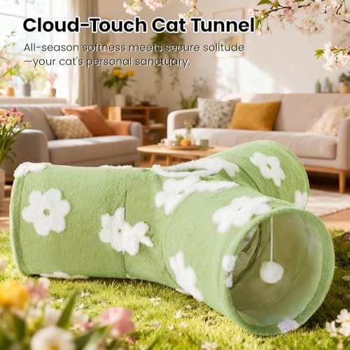 Tempcore Cat Tunnel, 3-Way Collapsible Toy for Indoor Cats, Daisy Green - Image 6