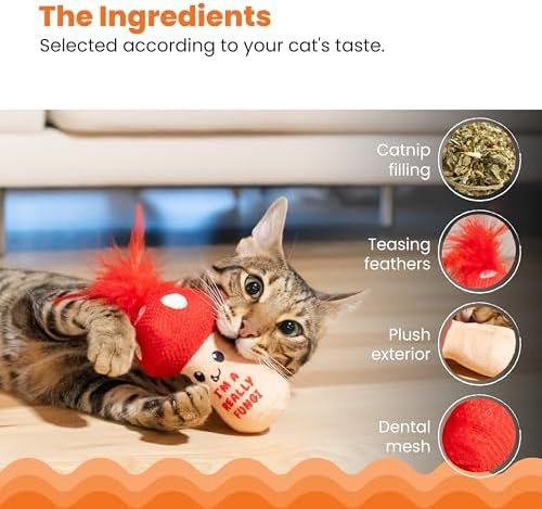 Catstages A Really Fungi Cat Kicker Toy with Catnip and Dental Mesh, Mushroom Shape, Plush and Feather Cat Toy for Kicking, Tossing, and Teeth Cleaning, Red - Image 4
