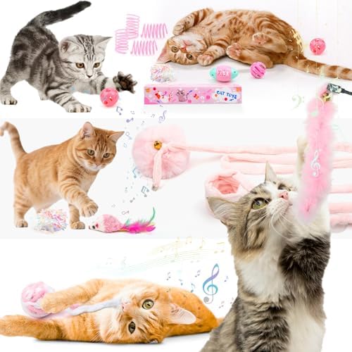 QUOZUO Pink Cat Toy Kitten Toys Set, Hanging Interactive Kitten Toys Wand Springs Mice Crinkle Balls and Pet Bell Balls Toys for Indoor Cats, 12Pcs Gift Box Styles (Pink) - Image 3