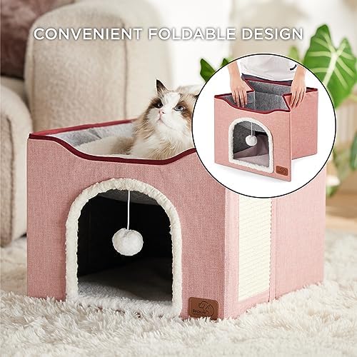 Bedsure Cat Beds for Indoor Cats - Large Cat Cave for Pet Cat House with Fluffy Ball Hanging and Scratch Pad, Foldable Cat Hideaway,16.5x16.5x13 inches, Pink - Image 4