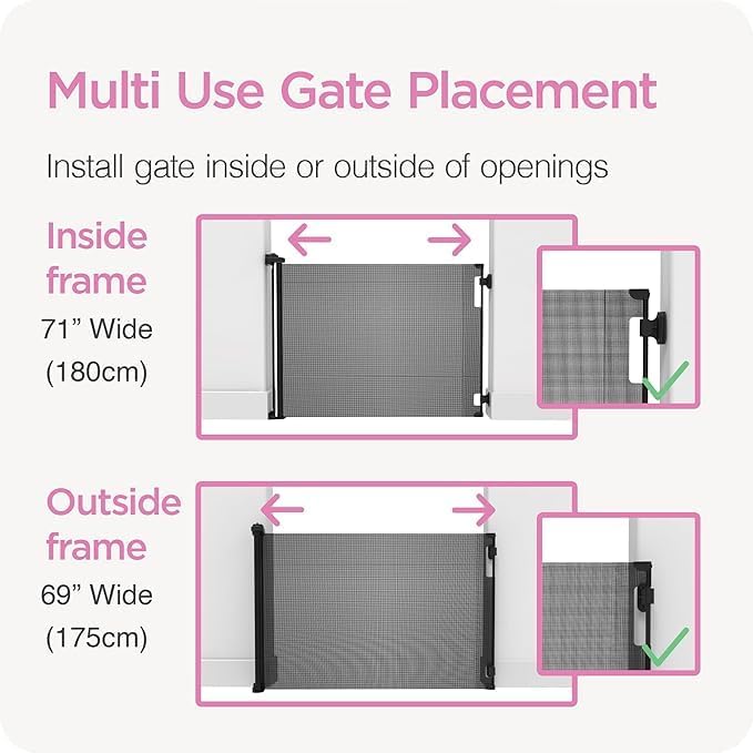 Retractable Baby Gate Perma Child Safety 33" Tall x 71” Wide, Mesh, for Stairs, Doorways, Dogs, Pets, Indoor, Outdoor, One-Handed Operation, Locking, Easy Install, Hardware Mount, White