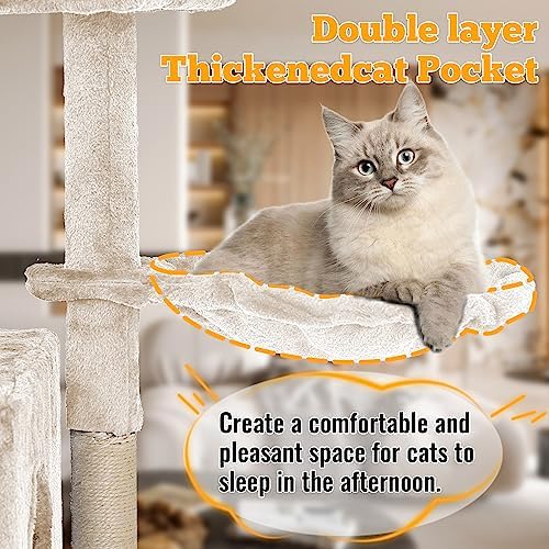 FDW 37.8 inch Cat Tree Cat Tower for Indoor Cats with Scratching Posts,Multi-Level Cat Furniture Activity Center Stand House Cat Condo Modern Cat Tower with Hanging Cradle & Funny Toy,Beige - Image 3