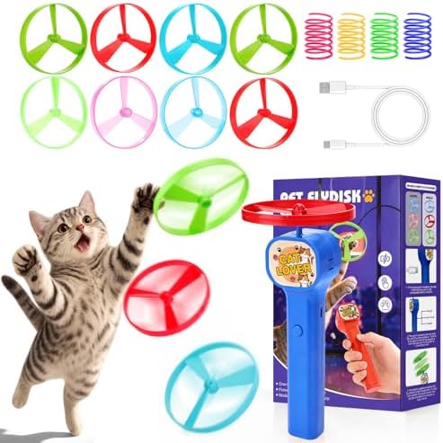 BABORUI Cat Toy Disc Launcher, Rechargeable Interactive Cat Fetch Toy Launcher with 8 Flying Discs, Flying Enrichment Toys for Indoor Bored Kittens & Adult Cats (Blue-1) by BABORUI