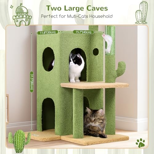 Globlazer Cactus Cat Tree Tower for Indoor Cats, 50-inch Adult Cat Tree House for Large Adult Cats with Steps, Scratching Post, 2 Cat Caves, Dangling Toys, FC50, Green - Image 4