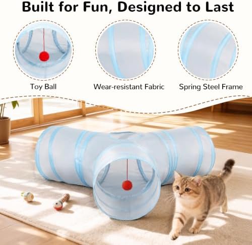 Tempcore Cat Tunnel, 3-Way Collapsible Toy for Indoor Cats, Grey & Blue - Image 5