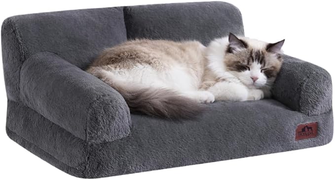 Hollypet Fluffy Dog Cat Bed Pet Couch Beds Plush Soft Warming Washable Puppy Bed for Small Medium Dogs and Large Cats, Gray, 24" L x 18" W x 10" Th