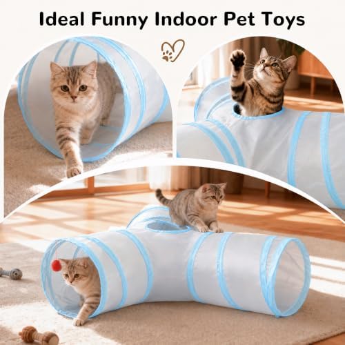 Tempcore Cat Tunnel, 3-Way Collapsible Toy, Large Size Light Grey & Blue - Image 7