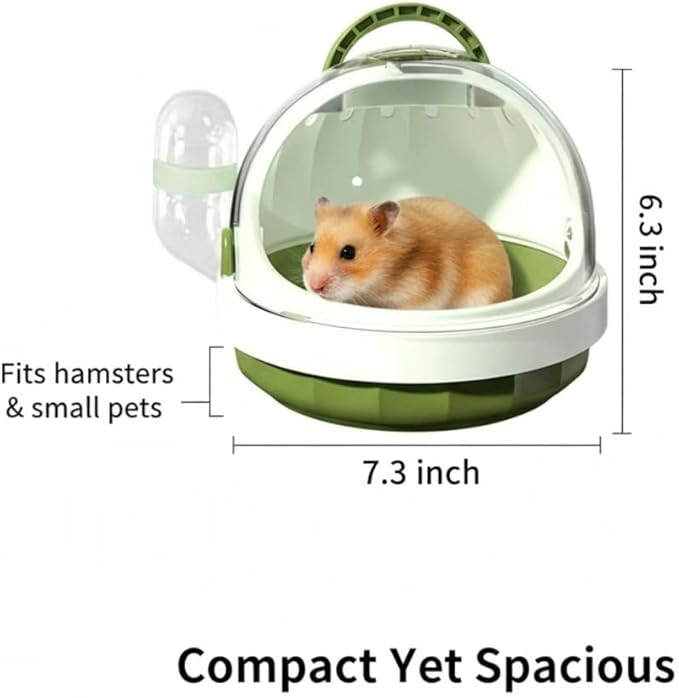 Portable Small pet Carrier with Water Bottle – Hamster Travel cage with Transparent Dome Design, Suitable for Hamsters, Sugar Gliders, and Guinea Pigs. (Moss Green)