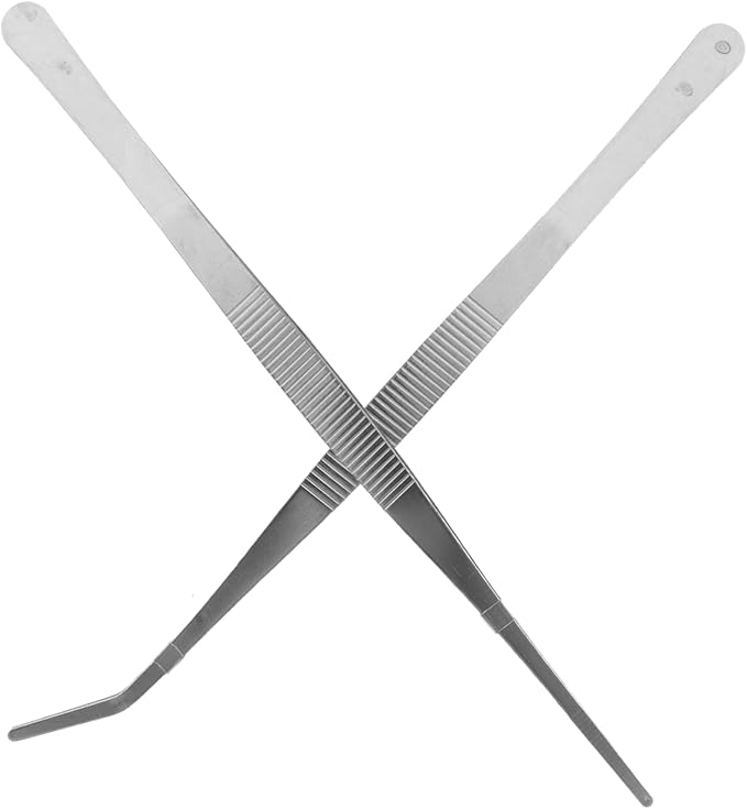 2pcs Stainless Steel Feeding Tongs Straight and Curved Tweezers for Reptiles Snakes Lizards and Spiders Durable Silver Design for Professional and Personal Use