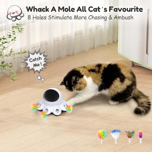 ORSDA Cat Laser Toy, 2-in-1 Interactive Automatic Motion Activated Moving 8 Holes Whack A Mole Feather, USB Rechargeable Electronic Smart Sensor Kitten Toys for Indoor Exercise - Image 4