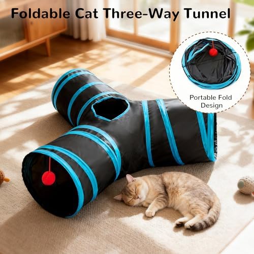 Tempcore Cat Tunnel, 3-Way Collapsible Toy for Indoor Cats, Black & Blue - Image 6