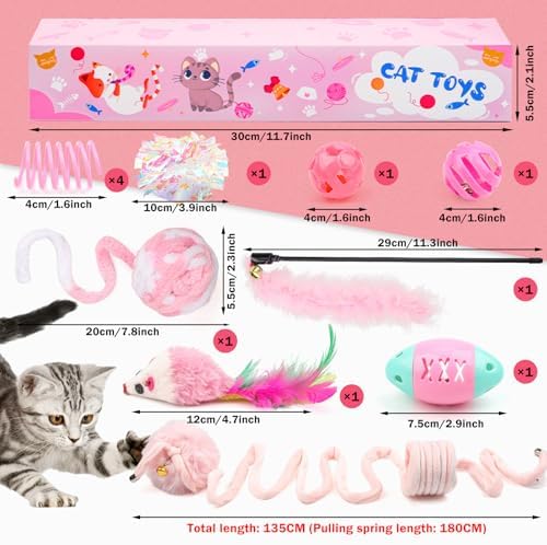 QUOZUO Pink Cat Toy Kitten Toys Set, Hanging Interactive Kitten Toys Wand Springs Mice Crinkle Balls and Pet Bell Balls Toys for Indoor Cats, 12Pcs Gift Box Styles (Pink) - Image 2