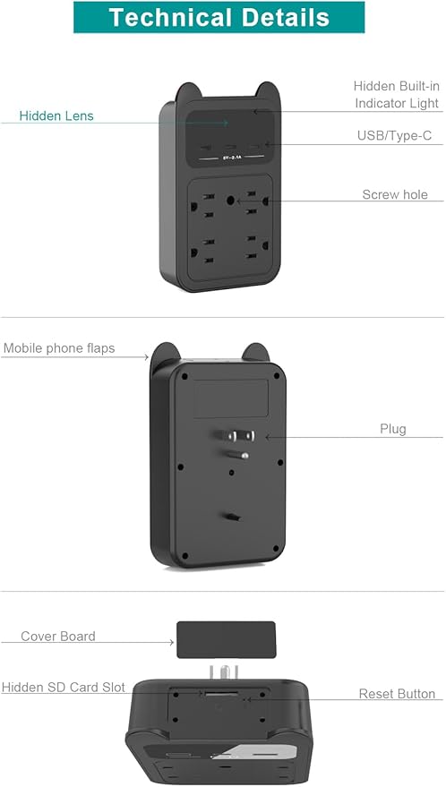 Hidden Camera Wall Outlet Camera, 2K HD Wireless Nanny Cam with 120° Wide Angle Loop Recording Motion Detection Easy Setup for Home, Pets & Office Indoor Security-Black (Black)