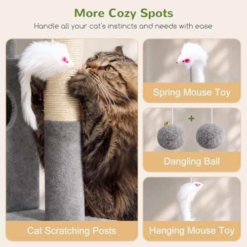 Globlazer Cat Tree Tower for Indoor Cats, 50-inch Adult Cat Tree House for Large Adult Cats with Steps, Scratching Post, 2 Cat Caves, Dangling Toys, FC50, Light Grey - Image 6