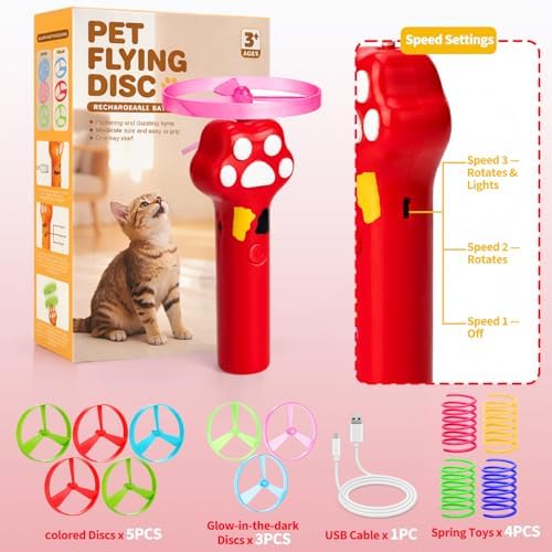 BABORUI Cat Toy Disc Launcher, Rechargeable Interactive Cat Fetch Toy Launcher with 8 Flying Discs, Flying Enrichment Toys for Indoor Bored Kittens & Adult Cats (Red) - Image 6