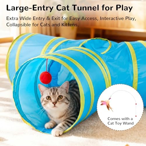Tempcore Cat Tunnel, 3-Way Collapsible Toy for Indoor Cats, Blue & Yellow - Image 4
