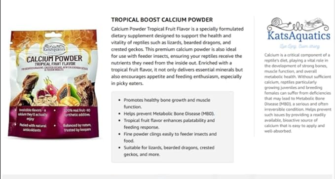 Calcium Powder - Tropical Fruit Flavor - for Lizards, Bearded Dragons, Crested Geckos, and Feeder Insects. Nutritious, 100% Natural, Tasty