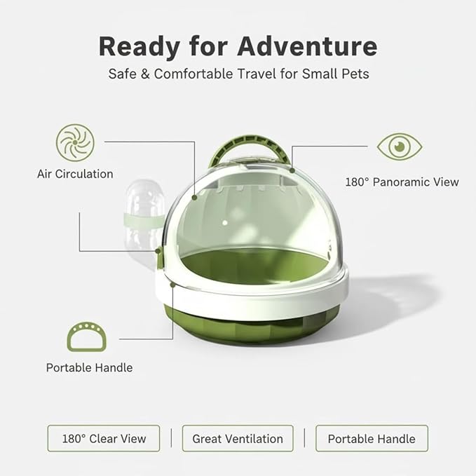 Portable Small pet Carrier with Water Bottle – Hamster Travel cage with Transparent Dome Design, Suitable for Hamsters, Sugar Gliders, and Guinea Pigs. (Moss Green)