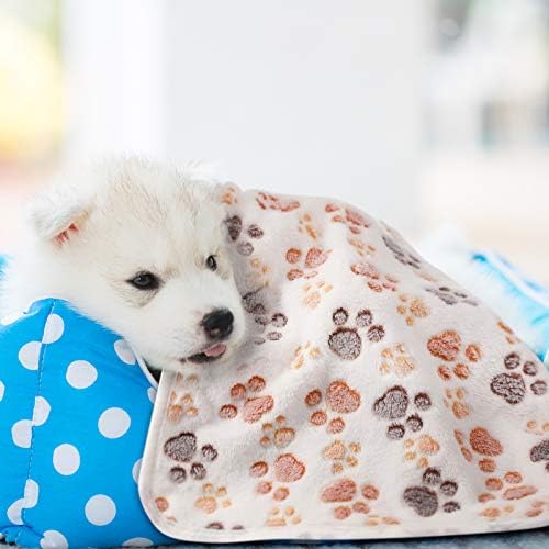 Tatuo 4 Pcs Dog Blanket for Pet Cat Blankets Indoor Puppy Teething Stuff Toys Paw Print Fleece Blanket Warm Sleep Mat for Guinea Pig Cage(White, Coffee, Pink, Purple,Medium(30 x 20.5 Inch),Square)