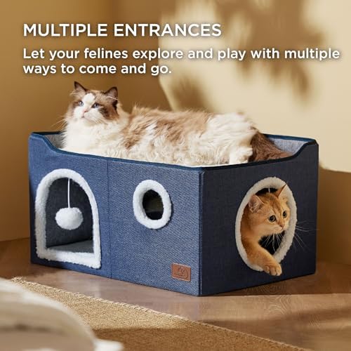 Bedsure Extra Wide Cat House Bed with Fluffy Ball and Scratch Pad,Blue - Image 2