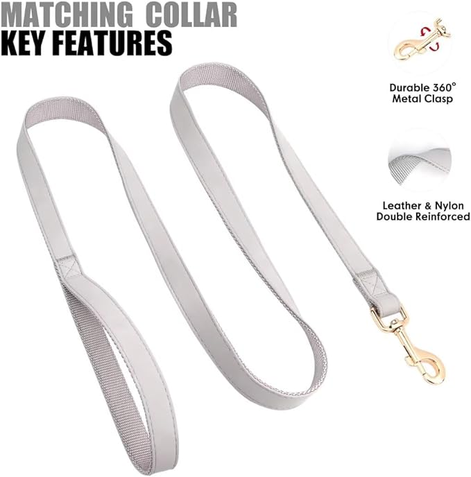 PET ARTIST Soft PU Leather Dog Collar and Leash Set, Bright & Stylish 5FT PU Leather Leash and Collar Set, Durable Pet Collars with Quick Release Metal Buckle for Large Dogs,Gray,L(16-27")