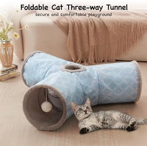 Tempcore Cat Tunnel, 3-Way Collapsible Toy for Indoor Cats, Geometry Blue - Image 3