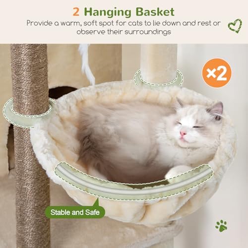 Globlazer Cat Tree Tower for Indoor Cats, Sturdy Adult Cat Tree House for Large Adult Cats with 2 Platform, 6 Cat Scratching Post, 2 Cat Caves, Dangling Toys, S63, 63 inch, Beige - Image 4