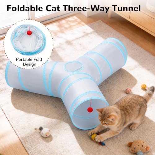 Tempcore Cat Tunnel, 3-Way Collapsible Toy, Large Size Light Grey & Blue - Image 6