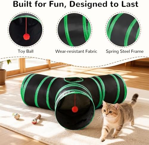 Tempcore Cat Tunnel, 3-Way Collapsible Toy for Indoor Cats, Black & Green - Image 5