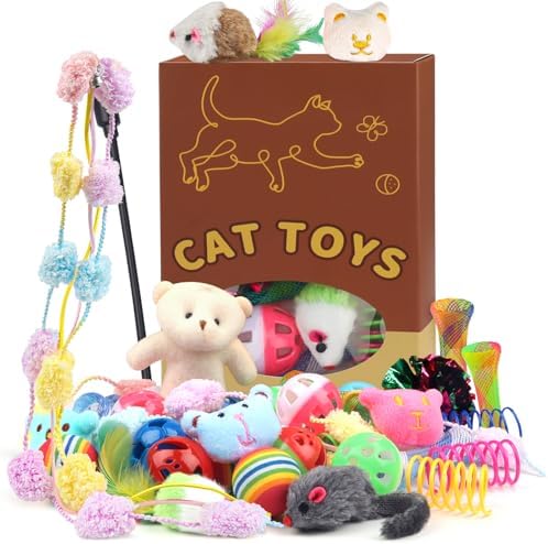 QUOZUO 30 Pcs Cat Toy Kitten Toys Set, Interactive Cat Toy Wand Cat Springs Ball Toy with Bells, Cat Toys for Bored Indoor Cats, Gift Box Styles by QUOZUO